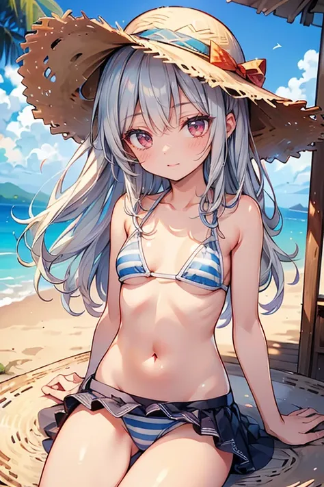 best quality, high definition, 16k, very detailed, 2.5D, woman(160cm tall、( straw hat:1.5)、 silver hair straight hair、  red eyes ,  small breasts, Slim waist,vertical stripe bikini)、 beach,tropical cocktails,sunlight,from against,sit