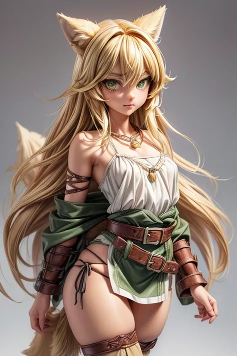 3D digital art, Intricate Detail, masterpiece, higher quality, whole body, (whole hair:1.5), a single anime age hunter girl, pretty face, centralized, (5.1 feet tall), (big head:1.7), standing, highly detailed long hair, blonde hair, long hair down to the ...