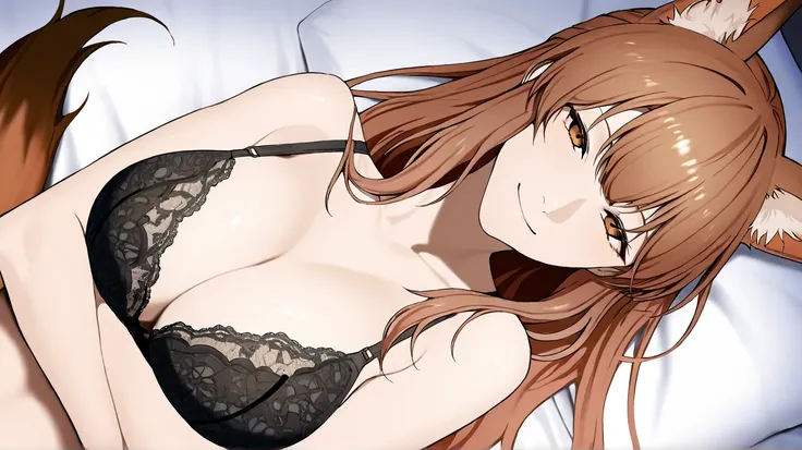 {{{drawn by takaman}}} ,1girl,,franka, tail, fox ears, long hair, brown hair, bangs, brown eyes,lying on back , on bed ,arms under breasts,,from above,dutch angle,upper body,looking at viewer,seductive smile,nude,lace black bra