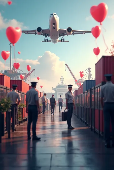 Realistic Customs with planes and cargo ships, With a Valentine's Day theme 