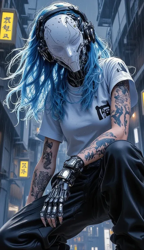 cute girl, robotic mask face, perfect face, (metal head: 0.5), (metal body color white), long blue hair, messy hair, (realistic hair), black jacket, borcego, techno pants, tribal tattoo in arms, alley with yellow lights, low camera angle shot, raining, nig...