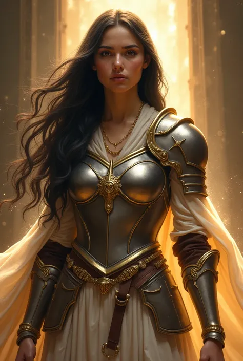  A young woman with long black hair , crest,  being clothed with the armor of God, In Ephesians 6 