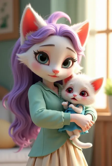 An ultra-high-quality, 4D rendering of Scene  An anthropomorphic white-furred mother cat, Luna, with stunning long purple and pinkish open hair styled in a chic puff, wearing a stylish pastel mint-green blouse and a flowy cream skirt, is gently hugging her...