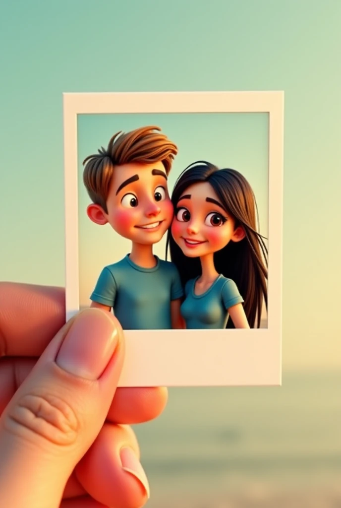 Make an image in Pixar mode.  Where the couple appears inside a paper photo clutched by a finger with a fingernail in summer colors. The couple in the photo are posing for the photo smiling and feeling, The boy on the left is wearing a shirt, He has black ...