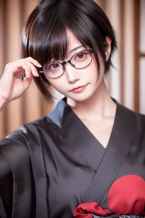 short dark hair, half body shot, realistic, shy, licking lips, rimless glasses, Japanese Inns, yukata, masterpiece, best quality, 8k, super detail,