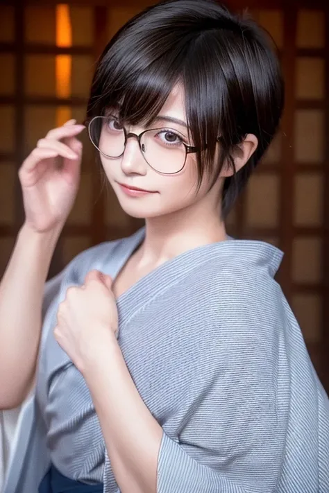 short dark hair, half body shot, realistic, shy, licking lips, rimless glasses, Japanese Inns, yukata, masterpiece, best quality, 8k, super detail,