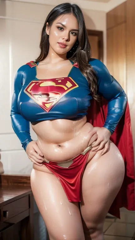 Beautiful girl, voluptuous, ((supergirl outfit)), large beasts, plump round breasts, thick thighs, oily thighs, seductive lips, (sweaty:1.3), seductive pose, 