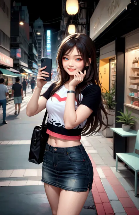 pretty young woman, smiling, at city side walk, holding a smartphone, carrying bag, BREAK, (forehead, side parted hair, dark-brown hair, long wavy hair), BREAK, ( dark-gray and black and pink crop t-shirt, multicolored  t-shirt ), (black-blue denim pencil ...