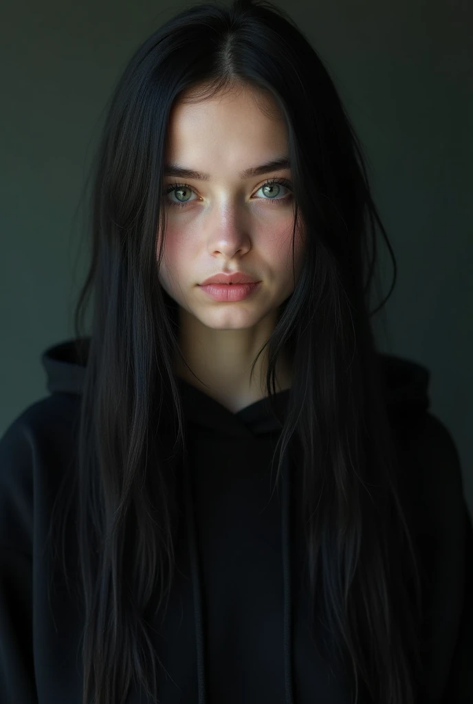  21-year-old American girl  , Caucasian,  long straight black hair  , pale skin,  gothic girl , Student,  slim, front stroke ,  green eyes,  looks at camera  ,  with loose hair in the middle of the side slightly on her face,  with black hoodie, dark tones ...