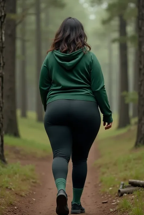 Big ass 28 year old woman dress in black leggings and green tight hoodie and black shoe with green socks, she walks through the pine trees. Her big ass swaying, thick big juicy ass, back view only 