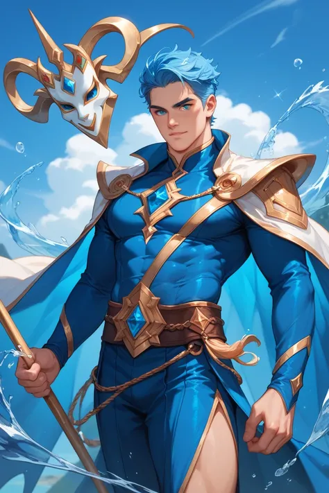 A handsome man, long straight blue hair, wizard clothes, water powers, using a mask, blue eyes, staff