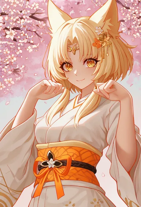 The image features a stylized character in an anime-inspired art style. 
The character has short, blonde hair with cat-like ears adorned with an orange ribbon. 
She is depicted mid-action, appearing to float or jump amidst a background filled with blooming...