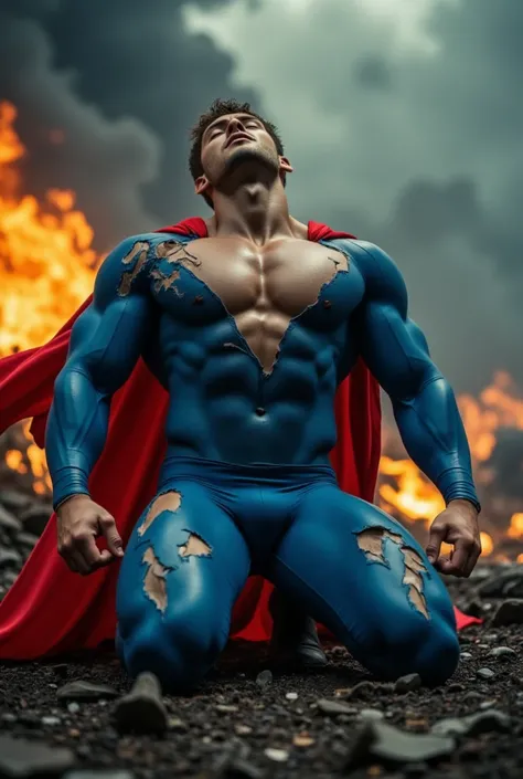 muscular attractive Cody Christian,  big hot Pecs tiddies gigantic, showing The nipples,wearing blue, form-fitting Superhero suit, his chest and left shoulder is tattered and torn revealing his bare skin. a red cape is present flowing behind him, kneeling ...