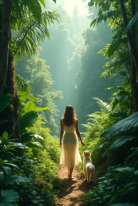 A women walk with her pet in a jungle.Drone view jungle from sky.But in jungle everything is clear.