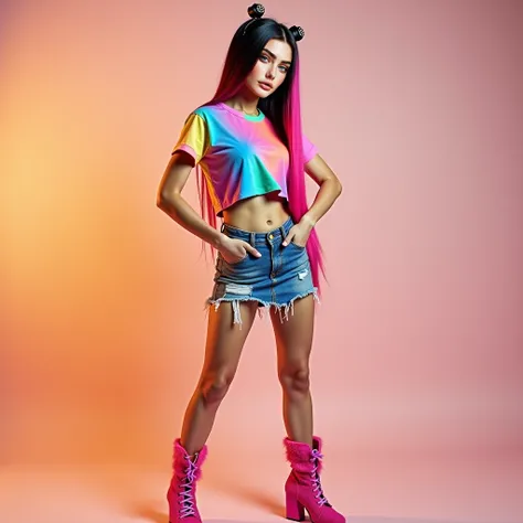  Skinny young white woman  , split pink hair in the middle long straight ,  combed back, with 2 buckles on the black hair ,  with a colorful t-shirt with several colors short , black bra ,  short denim skirt open on the side  , hairy pink boot  ,  doing a ...