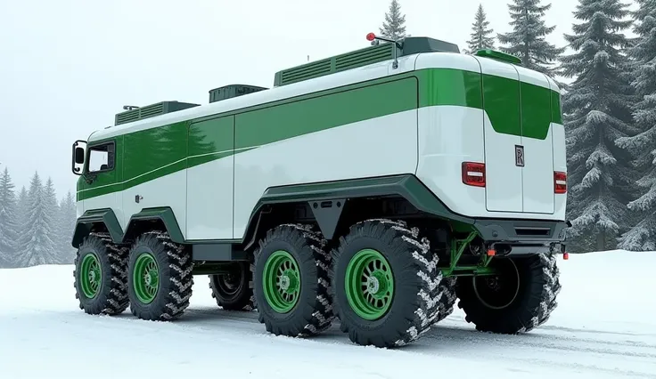 
Stunningly realistic 3D render of the rear left side view of a colossal, heavily armored 2025 Rolls Royce motorhome   6x6, designed for off-road adventures. The vehicle showcases enormous off-road tires with and Green silver-colored wheels and reinforced ...