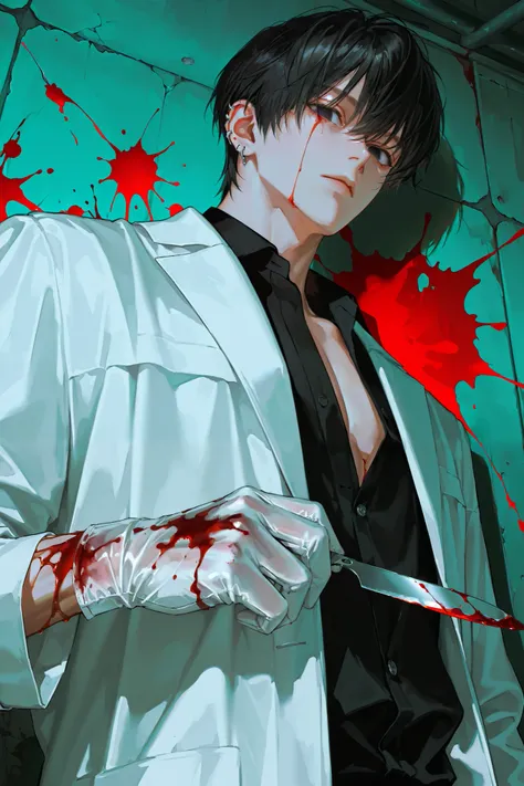 mature male, handsome, solo, 1 man, male focus, black hair, short hair, black eyes, black shirt, (unbutton shirt: 1.3), from below, looking down at viewer, upper body, masculine, handsome face, (white doctor coat covered in blood:1.2), (blood splatter:1.3)...
