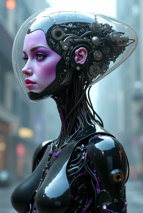 The robot girl's brain was shown with transparent glass, the robot's body with makeup on its face was a black and purple system consisting of a mechanical system