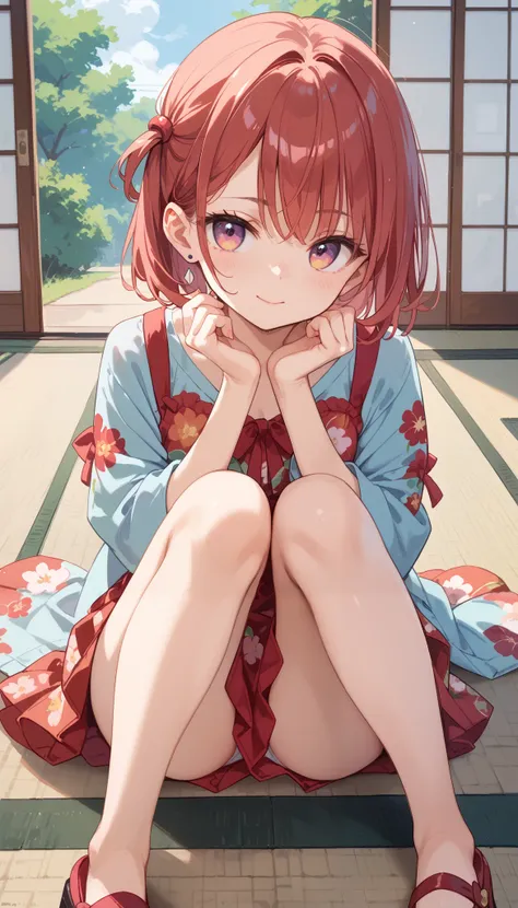 Girl sitting on tatami floor with knees raised and legs bent, wearing red floral dress, front view