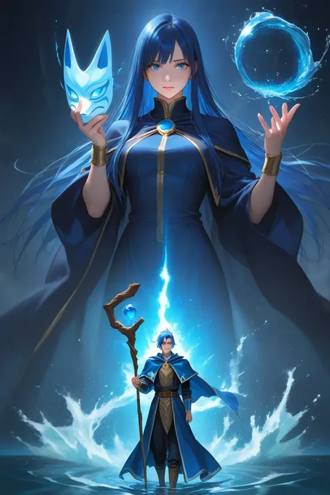 A handsome man, long straight blue hair, wizard clothes, water powers, using a mask, blue eyes, staff