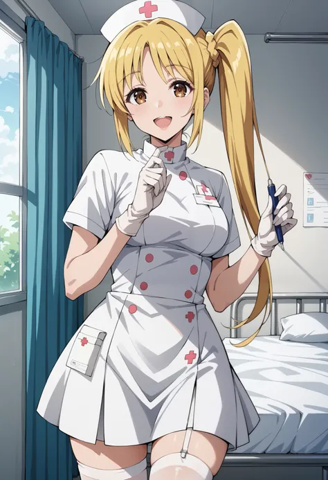 Score_9, score_8_up, score_7_up, source_anime, nijika ijichi, yellow hair, brown eyes, side ponytail, (best quality), (high quality), {masterpiece}, extremely delicate and beautiful, ultra-detailed, beautiful detailed eyes, nurse, nurse hat, ((white nurse'...