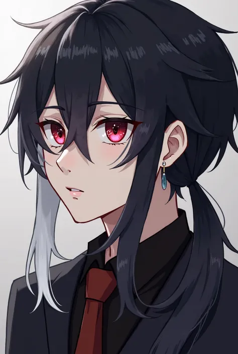  Male anime character, that is dark,have half of your hair dyed white, on the left side and have earrings Tall: 6'1 Gender: Male Hair: pigtails black and white hair Left eye color: red with text 私は black in the pupil Right eye color: also red with text のみ ...