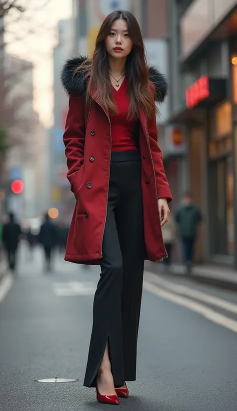 Full body image, every point of view showing a young girl's beautiful leg posture ,包含女孩穿著尖頭細跟高跟鞋的樣貌的Full body image, the highest thinnest heel, Slim Fit Flare Pants,Tight Shirts , fur coat , Viewing angle close to the ground , real photo ,original photo,Sh...