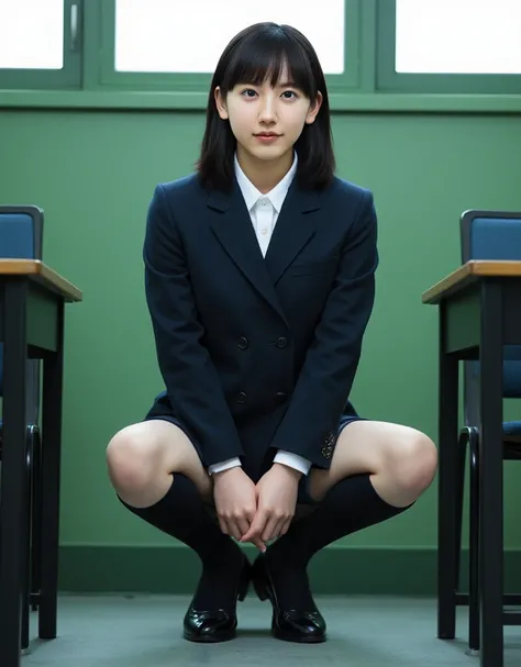 Alone,  1 girl, ,  Hazuki Kato,., Find viewers ,Green, Medium Boobs,classroom, blazer, miniskirt, socks,  squats , open legs,  spread legs under lame material, bike shorts,  Hands Behind 