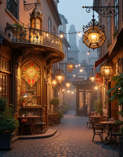  steampunk、 Merry-Go-like cafes with Art Nouveau decorations in the streets of France、In the streets of France、Photo super high quality 、Evening Scenery、 photorealistic、SA is an amazing genius AI！