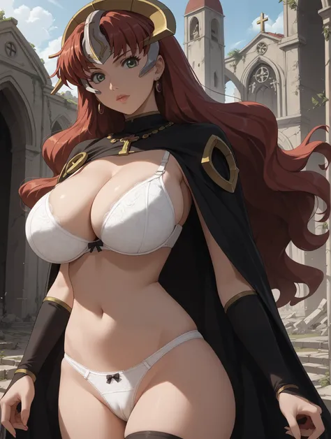 (((Bra And Panties::1.47))),score_9, score_8_up, score_7_up,score_6_up, score_5_up, score_4_up , 1girl, solo, 
huge breasts,
claudetteDG,
long hair, red hair, green eyes, 
panties,black legwear, thong, waist cape, belt,panties,Romanian Orthodox Church, 
fr...