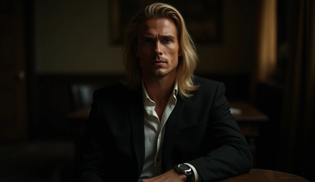 "Realistic portrait of a handsome man with long blonde hair sitting on a chair near a wooden table in a dimly lit room. The background is slightly blurred with soft shadows, and the edges of the image fade into darkness. The man has a calm and confident ex...