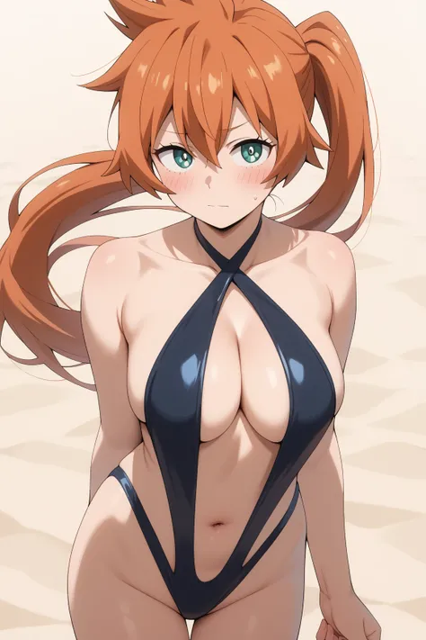 masterpiece,best quality,{{detailed beautiful face and eyes}}, very detailed background,
Itsuka Kendou,{{{megami magazine}}},long hair,orange hair,ponytail,hair between eyes,green eyes,large breasts,
((black swimsuit high leg swimsuit,slingshot swimsuit,cr...