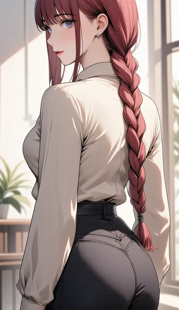 Female figure, back view,  light-skinned,  young adult,  long, vibrant red braid cascading down her back,  wearing a simple, light beige or cream-colored, long-sleeved button-up shirt.  Tight, black pants,  form-fitting and accentuating the curves of her b...