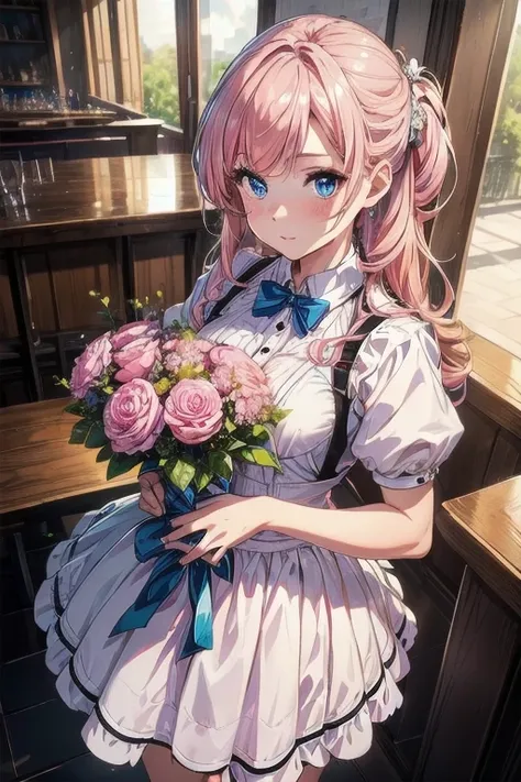 ( EXQUISITE DETAILS ),(masterpiece,  best quality),   super high resolution,  super high resolution, Alone,  

beautiful hands ,from above, High Angle,
waitress uniform, bouquet, holding a bouquet,

 very cute and beautiful one girl , ( pink hair with a sc...