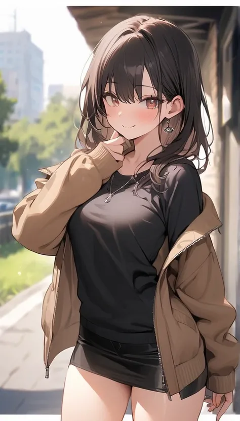 ((masterpiece,  best quality)),  very aesthetic with apron,   is ridiculous,  one girl, stupid hair, bangs, black  skirt , black   sweater  , Blurred, Blurred background, Chest,  brown eyes,  Hair, brown  jacket , Shut up, day,   written border that emphas...