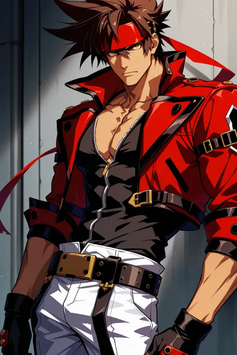  masterpiece, best quality, 8k, high resolution, 1boy, male, Sol Badguy, brown hair, gold eyes, black vest, red jacket, belt, headband,ultra-detailed, intricate details 