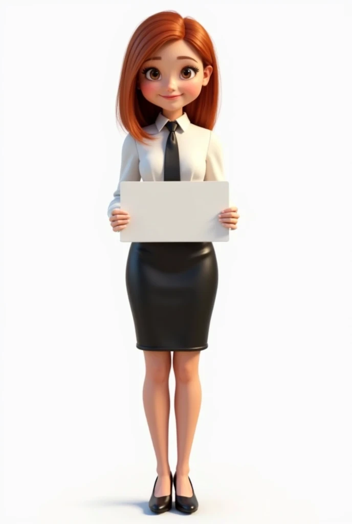 Design me a adult female Pixar style 4k, full body, front view, white background, with shoulder length hair, side and smooth, color copper red, dark brown eyes, with white blouse and black tie, black skirt and dress shoes, holding a square white sign, full...