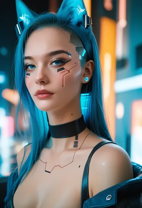 (Blue Hair /Blue Eye) (Fox ear/ Fox tail) and foxgirl Cyberpunk