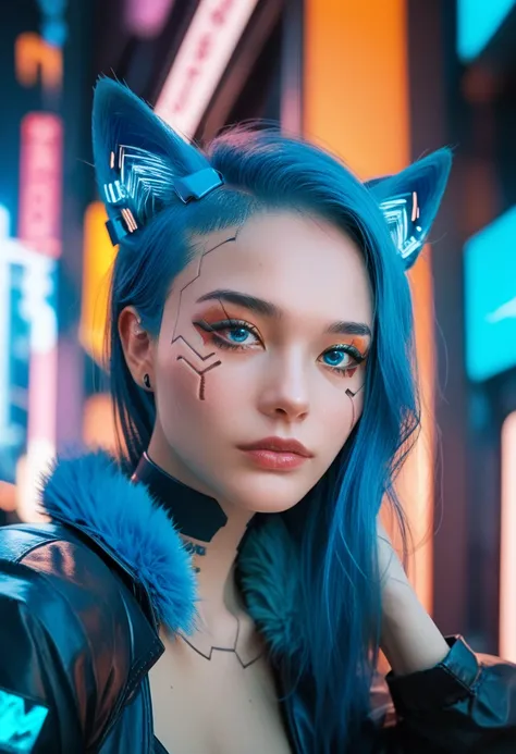 (Blue Hair /Blue Eye) (Fox ear/ Fox tail) and foxgirl Cyberpunk