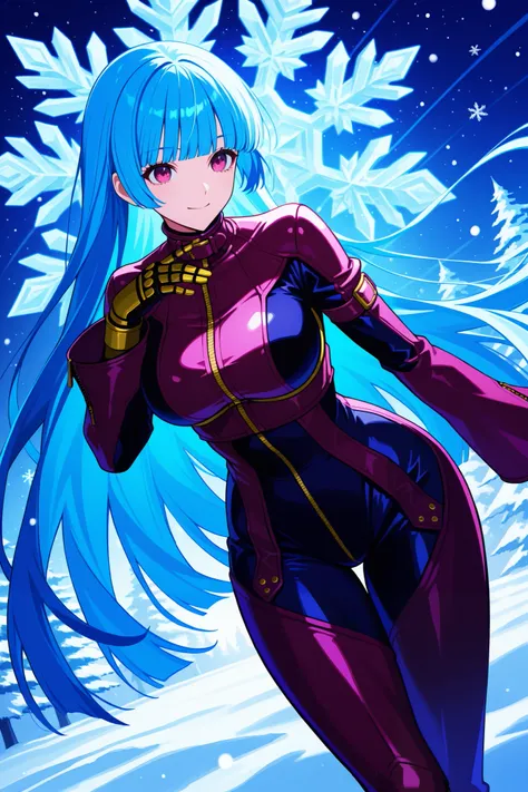  absurdres, ultra detailed, master piece, best quality, Kula Diamond \(king of fighters\), blue hair, hime cut, purple eyes, gloves, (1girl), (detailed face:0.8), (detailed eyes:0.8), snowflake, high resolution, 8k wallpaper, Distinct, magical atmosphere, ...