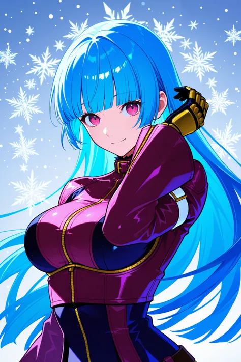  absurdres, ultra detailed, master piece, best quality, Kula Diamond \(king of fighters\), blue hair, hime cut, purple eyes, gloves, (1girl), (detailed face:0.8), (detailed eyes:0.8), snowflake, high resolution, 8k wallpaper, Distinct, magical atmosphere, ...