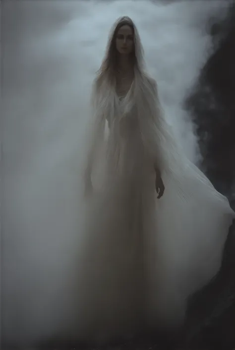  Female Model in 1991 Chanel White Haute Couture，Half Body， long hair，noble，典雅，Mythical Helen ，business attire，Set， Typical Chanel Style ， simple and stylish ， white transparent flying scarves cover the face，Wearing jewelry，Heavy fog in the snowy mountains...