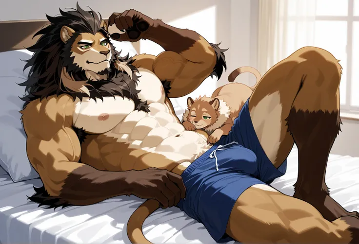  A muscular anthropomorphic lion,  humanoid beast ,  of black mane ,  green eyes,  brown and light brown fur , In Boxers sleeping in bed