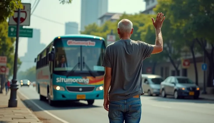 Realistic, sharp and contrast extreme long shoot images. An Indonesian man, 60 years old, truly bald, clean faced, height 175 cm, weight 68 kg, flat stomach, is wearing T-shirt, blue jeans pantalon, and sneakers. He is facing to the travel bus with 30 pax,...