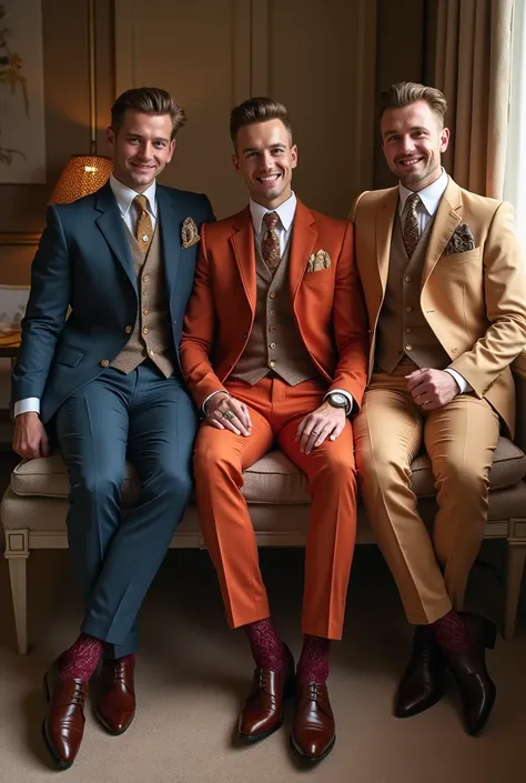 full body photo of 3 different white dapper guys, perfect preppy undercut haircuts, excessively lifted faces & teeth, inflated siliconed lips & cheekbone, turned-up tiny reduce noses, wearing finest dapper colored suits & accessories, elegant dress shoes, ...