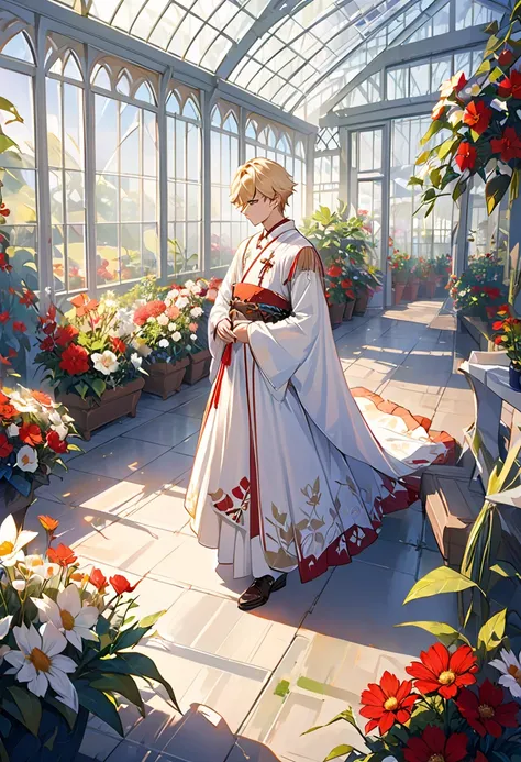  so delicate and beautiful,  wonderful,  in detail, masterpiece,  more details,  high resolution, best illustration ,  Best Shadow, complicated, sharp concentration,   high quality, 1 male, Alone,  blonde.  red eyes,  Kave Genshin Impact , Glass greenhouse...