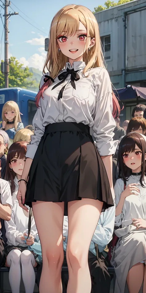   rolled up , ( masterpiece:1.2),   detailed ,
Beichuan Marine SB,
 1 girl, Alone, Teeth, radiant smile, Earrings,
 long hair,  blonde hair, Red Eyes,  colorful hair , black ribbon, Black collar,
 black shorts,  white shirt ,  from shoulders, shirt tucked ...