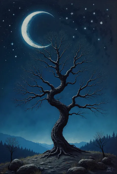 generate a night sky with naked tree example  using oilpastel