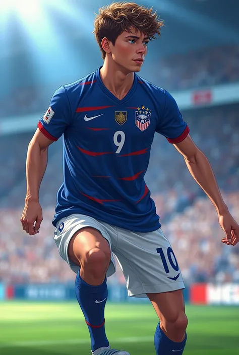 Victor is guy with short Curly Fringe brown hair and blue eyes, wearing america national team kit, playing with number 9 on his jersey  in blue lock style, anime style