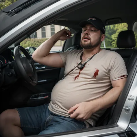  35 year old man ,  moderately fat with a dead beard with wounds and blood sitting in the driver's seat of a car after a brutal accident and missing, who wears a normal cap and has his eyes closed and his mouth open ,  with his head up  